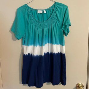 Kim Rogers Peasant Green, White, Navy Tie-Dye Top